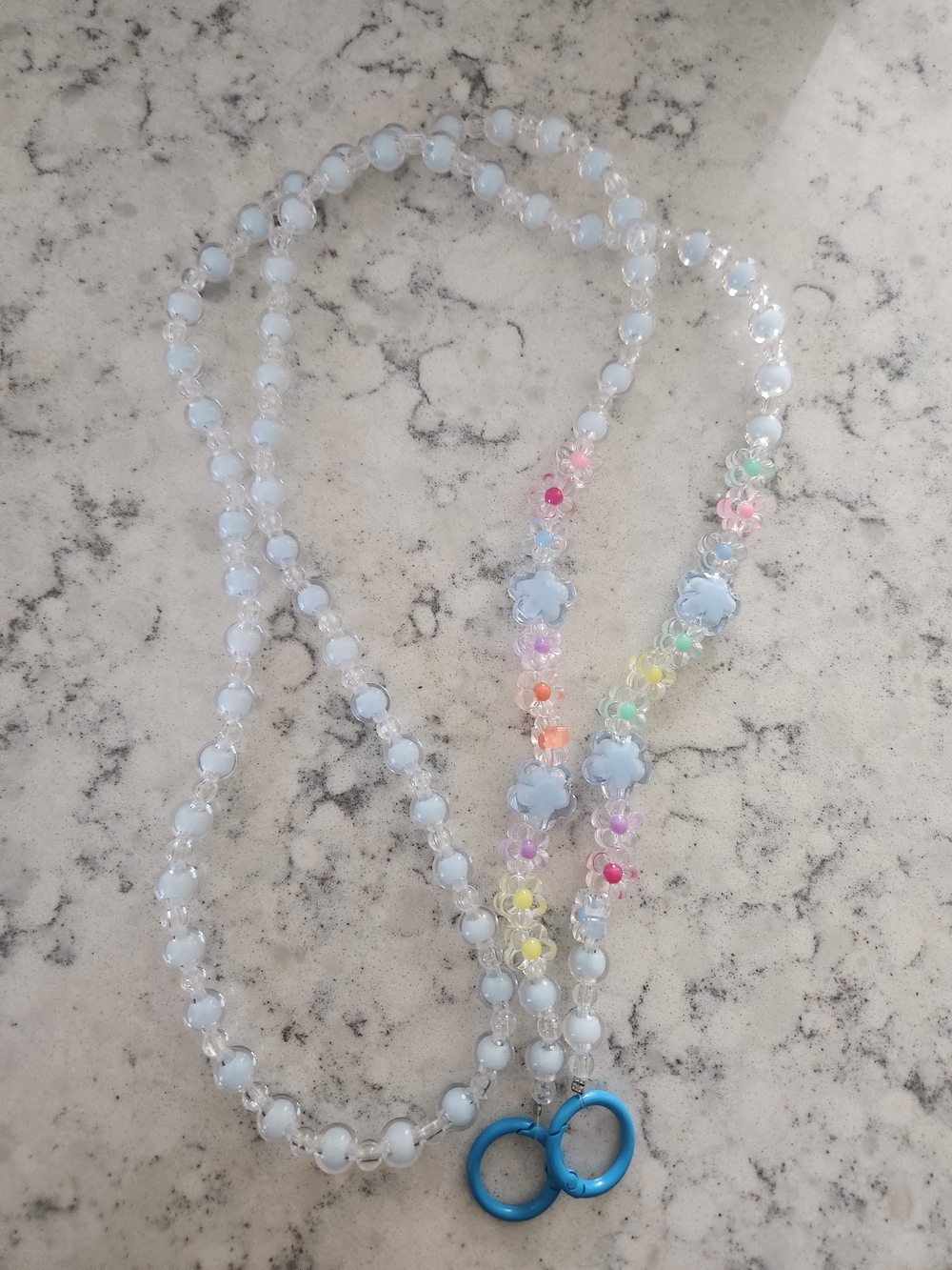 Blue Beaded Lanyard With Multicolor Flower Accents